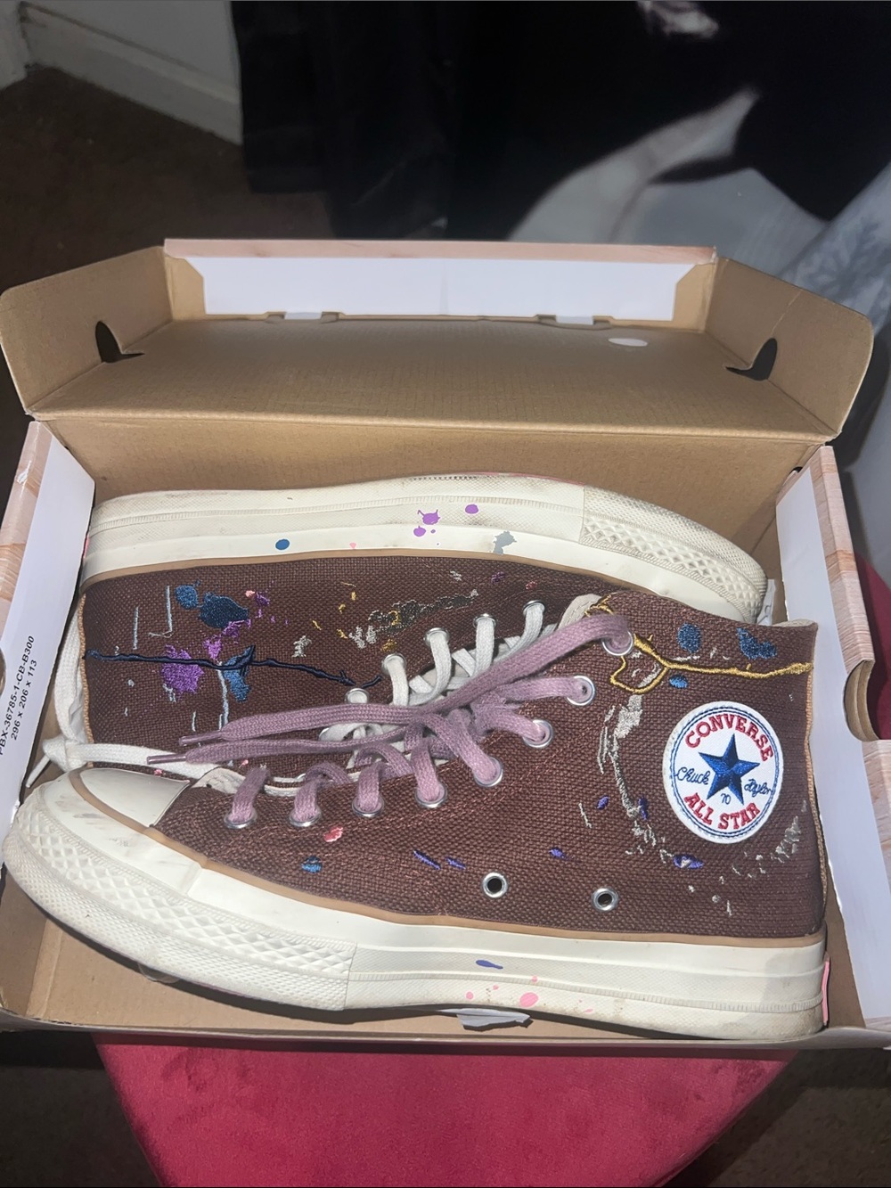 Converse X Bandulu High Top Sneakers in Brown with Paint Accents - Picture 1 of 4